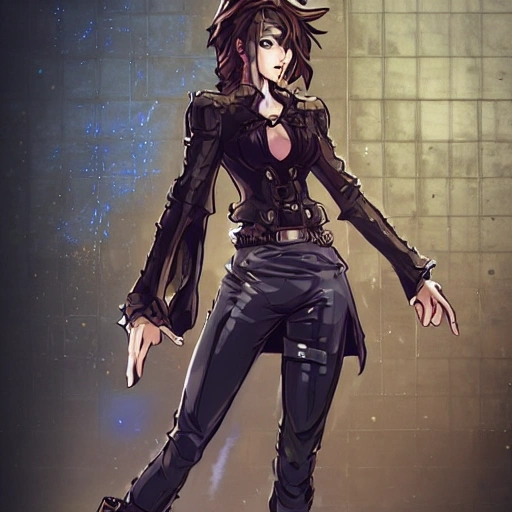 {{{octopath traveler style cyberpunk rpg character art of city girl}}}, highly detailed, {hyperrealistic upper body portrait of 40 years old woman with simple background oil colors}, {{wearing urban tech wear,}} leather pants, dark colored hair, illustrated, beautiful and detailed eyes, large breasts, cool and mysterious look, sharp focus, volumetric lighting, smooth, videogame character art, 1woman, thick black outlines, cartoony, anime, art by artgerm, trending artstation