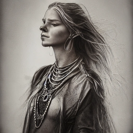 pencil portrait of a nordic mage girl in her 30s, highly detailed face, leather clothing, wearing necklaces and talismans, long hair, extremely detailed, dramatic light, cinematic effects, art by Andrey Gevechanov