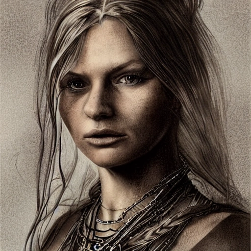 pencil portrait of a nordic mage girl in her 30s, highly detailed face, leather clothing, wearing necklaces and talismans, long hair, extremely detailed, dramatic light, cinematic effects, art by Andrey Gevechanov