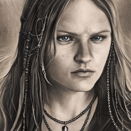 pencil portrait of a finnish mage girl in her 30s, highly detailed face, leather clothing, wearing necklaces and talismans, long hair, extremely detailed, dramatic light, cinematic effects, art by Andrey Gevechanov