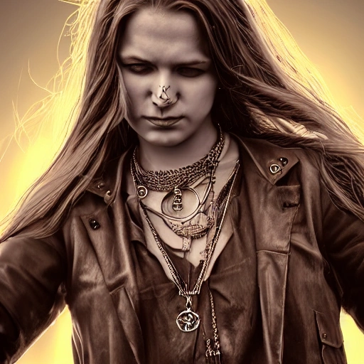 pencil portrait of a finnish mage girl in her 30s, highly detailed face, leather clothing, wearing necklaces and talismans, long hair, extremely detailed, dramatic light, cinematic effects, art by Andrey Gevechanov