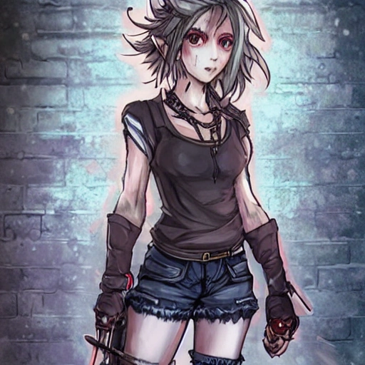 {{{octopath traveler style cyberpunk rpg character art of city woman}}}, highly detailed, {hyperrealistic upper body portrait of 30 years old sister with simple background oil colors}, {{wearing tank top and short shorts,}} urban tech wear, dark hair, illustrated, extremely detailed, beautiful and detailed eyes, chubby body, cool and look, sharp focus, volumetric lighting, smooth, videogame character art, 1woman, thick black outlines, cartoony, anime, art by artgerm, trending artstation