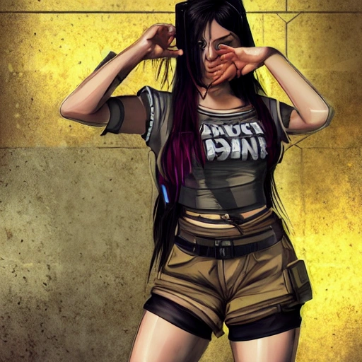 {{{cyberpunk edgerunners style rpg character art of city woman}}}, highly detailed, {hyperrealistic upper body portrait of 20 years old sister with simple background oil colors}, {{wearing tank top and short shorts,}} urban streetwear, dark hair, illustrated, extremely detailed, beautiful and detailed eyes, chubby body, cool and look, sharp focus, volumetric lighting, smooth, videogame character art, 1woman, anime, thick black outlines, cartoony, art by artgerm, trending artstation