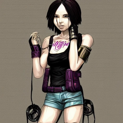 {{{cyberpunk edgerunners style rpg character art of city woman}}}, highly detailed, {hyperrealistic upper body portrait of 20 years old sister with simple background oil colors}, {{wearing tank top and short shorts,}} urban streetwear, dark hair, illustrated, extremely detailed, beautiful and detailed eyes, strong body with large breasts, cool and look, sharp focus, volumetric lighting, smooth, videogame character art, 1woman, anime, thick black outlines, cartoony, art by artgerm, trending artstation