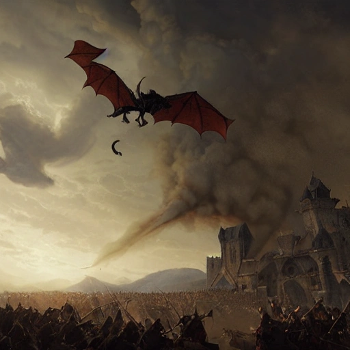 Dragon flying over medieval army while there is a sandstorm, greg Rutkowski