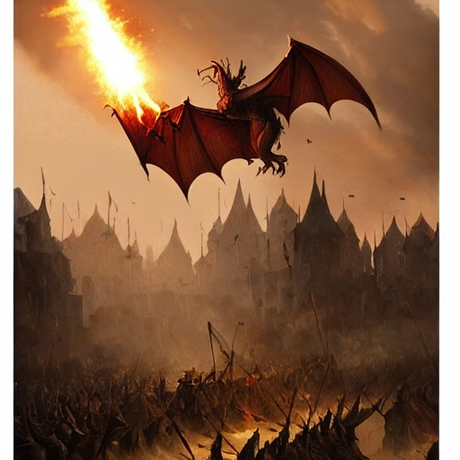 Dragon flying and spitting flames over medieval army while there is a sandstorm, greg Rutkowski