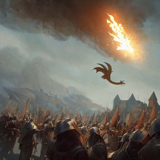 Dragon flying and spitting flames over medieval army while there is a sandstorm, greg Rutkowski