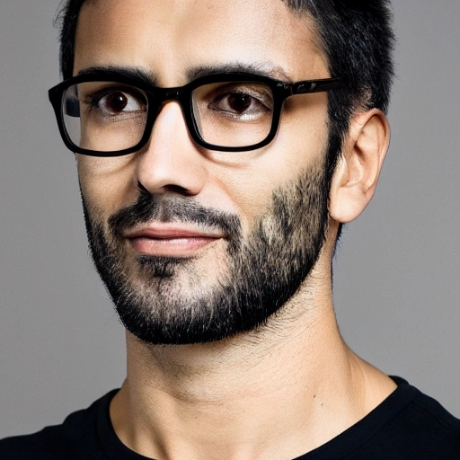shoulders and head portrait of 40 years old athletic skinny happy Spanish male with abundant short braun hair with a part in the left side and brown eyes, roman nose, discreet squared glasses with tanned skin and three-day black stubble, with long eyelashes, ping silk shirt