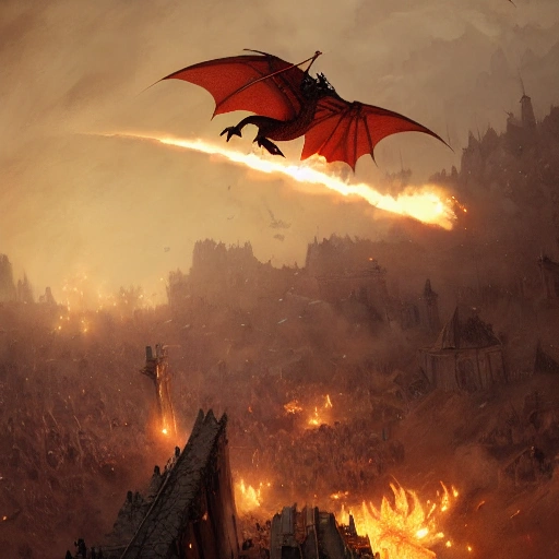 Dragon flying and spitting flames above a medieval army while there is a sandstorm, greg Rutkowski
