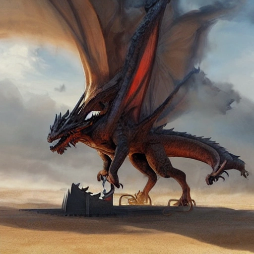 Dragon like a god of thrones flying and spitting flames above a medieval army while there is a sandstorm, greg Rutkowski