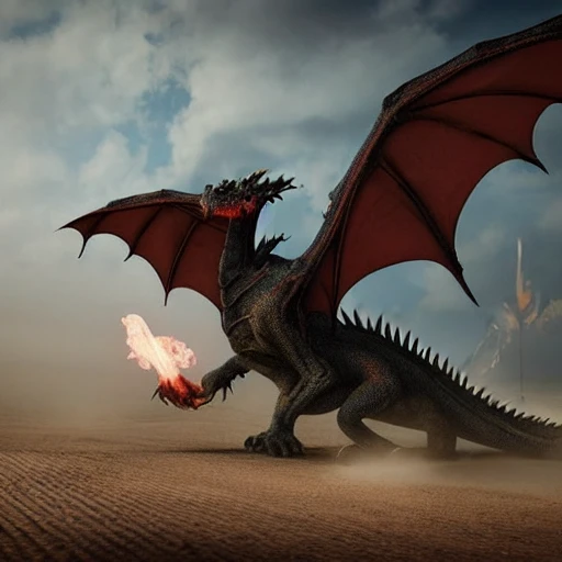 photo realistic a perfect Dragon like a god of thrones flying and spitting flames above a medieval army while there is a sandstorm, 