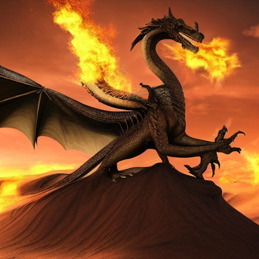 photo realistic a perfect Dragon like a god of thrones flying and spitting flames while there is a sandstorm, wallpaper 