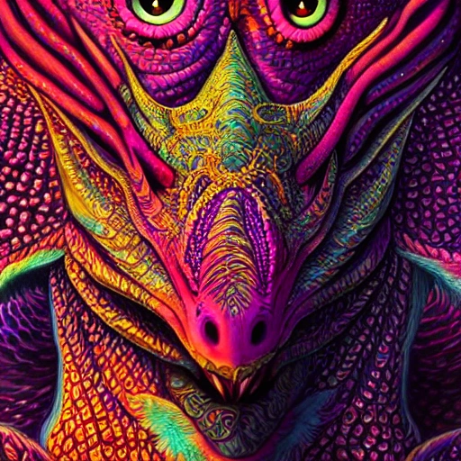 a perfect portrait of dragon, an extremely psychedelic experience, colorful, surreal, dramatic lighting, LSD, detailed face, intricate, elegant, highly detailed, digital painting, artstation, concept art, smooth, sharp focus, illustration