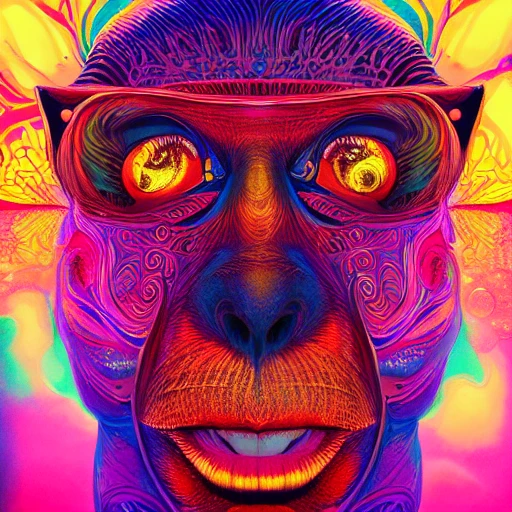 a perfect portrait of monkey, an extremely psychedelic experience, colorful, surreal, dramatic lighting, LSD, detailed face, intricate, elegant, highly detailed, digital painting, artstation, concept art, smooth, sharp focus, illustration