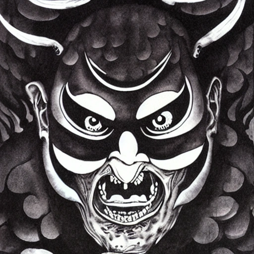 the face of demon, japanese ink art, famous on artstaion 