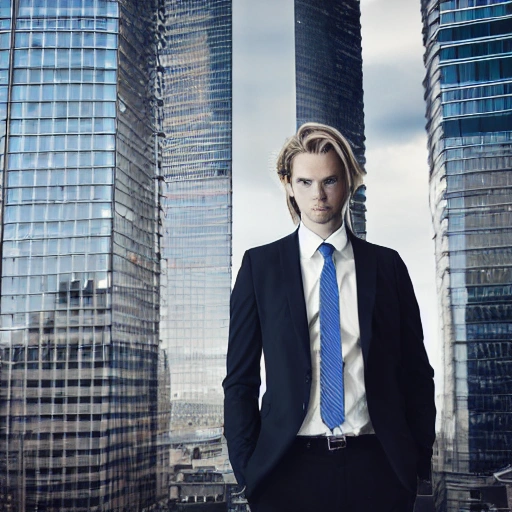 portrait of a pretty office boy, long wavy blond hair, in office suit, detailed face, looing at the viewer, offce buildings in the background, blurred background, sharp focus, intricate, photographic, award winning photograph, 8k wallpaper, professional studio llghting, trending on artstation, 