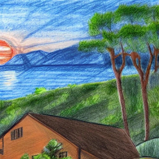 pencil sketch of a Rural house high in the mountains with dense vegetation with the ocean on the horizon behind some mountains in the background and a sunset with the sunlight reflected on the water, some clouds, a few trees and a pool surrounds the house.