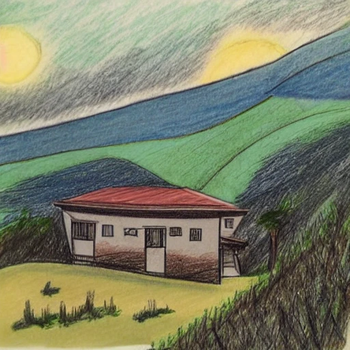 pencil sketch of a Rural house high in the mountains with dense vegetation surrounding the house, with the ocean on the horizon behind some mountains in the background and a sunset with the sunlight reflected on the water, some clouds, a few trees and a pool surrounds the house. The landscape is dry