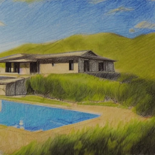 pencil sketch of a Rural stone house high in the mountains with dense vegetation surrounding the house, with the ocean on the horizon behind some mountains in the background and a sunset with the sunlight reflected on the water, some clouds, a few trees and a pool surrounds the house. The landscape is dry