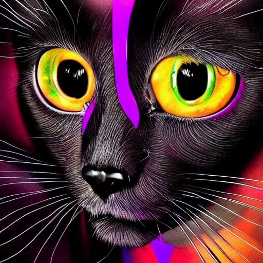 a perfect portrait of black cat, an extremely psychedelic experience, colorful, surreal, dramatic lighting, LSD, detailed face, intricate, elegant, highly detailed, digital painting, artstation, concept art, smooth, sharp focus, illustration