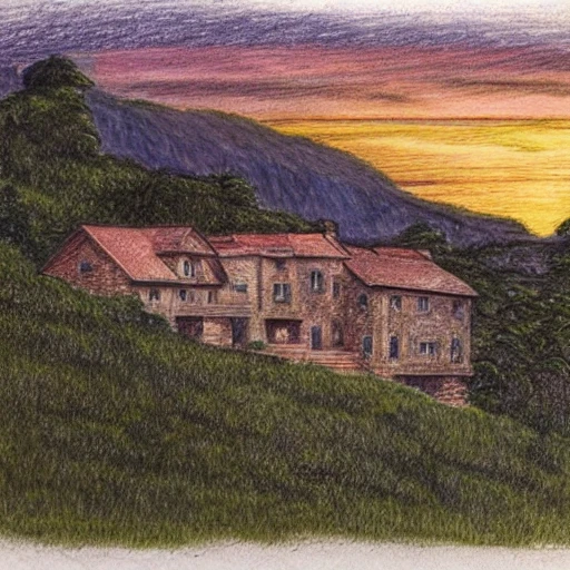 pencil sketch of a Rural stone house high in the mountains with creeper vegetation surrounding the house, with a steep ravine behind the house, with the ocean on the horizon behind some mountains in the background and a sunset with the sunlight reflected on the water, some clouds, a few trees and a pool surrounds the house. The landscape is dry