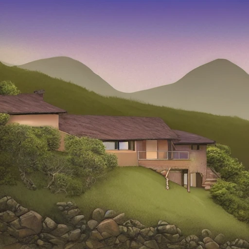 pencil sketch of a Rural stone house with flat roof high in the mountains with creeper vegetation surrounding the house, with a steep ravine behind the house, with the ocean on the horizon behind some mountains in the background and a sunset with the sunlight reflected on the water, some clouds, a few trees and a pool surrounds the house. The landscape is dry