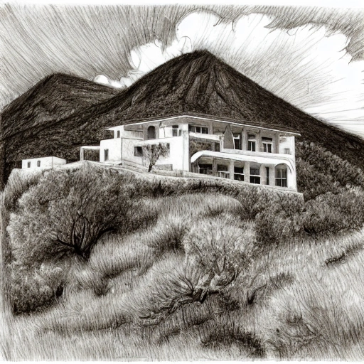 pencil sketch of a Rural Mediterranean stone house with flat roof high in the mountains with creeper vegetation surrounding the house, with a steep ravine behind the house, with the ocean on the horizon behind some mountains in the background and a sunset with the sunlight reflected on the water, some clouds, a few trees and a pool surrounds the house. The landscape is dry
