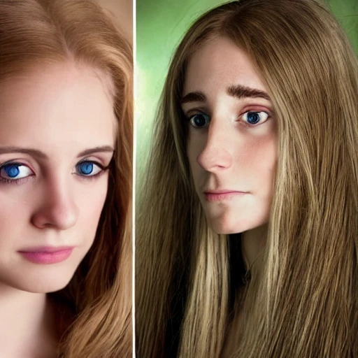 Portrait of a young lady with blonde long straight hair and big green eyes and long eyelashes with roman nose, and Hermione Granger in the same picture