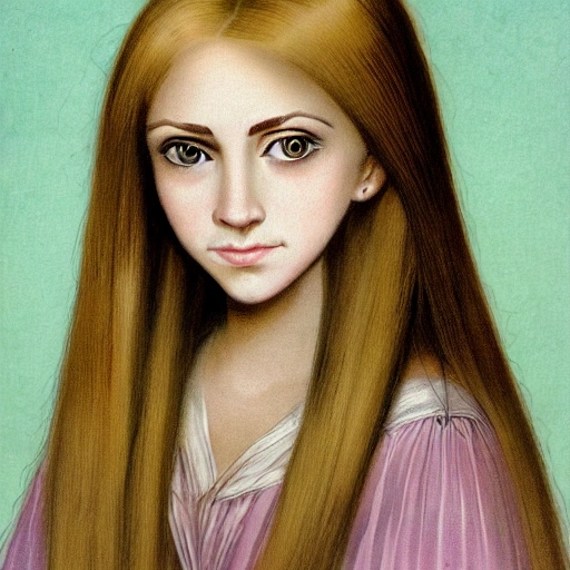 Portrait of a young lady with blonde long straight hair and big green eyes and long eyelashes with roman nose, and Hermione Granger
