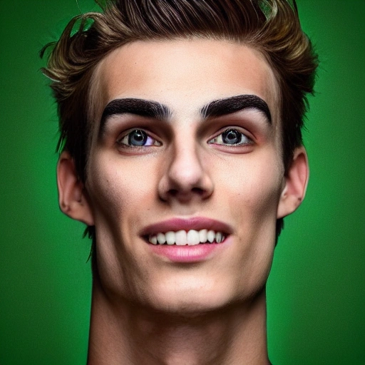 Professional photography, highly detailed perfect symmetrical young man's face, with a defined jawline and a radiant smile, looking at the viewer. Green eyes, bushy eyebrows, 