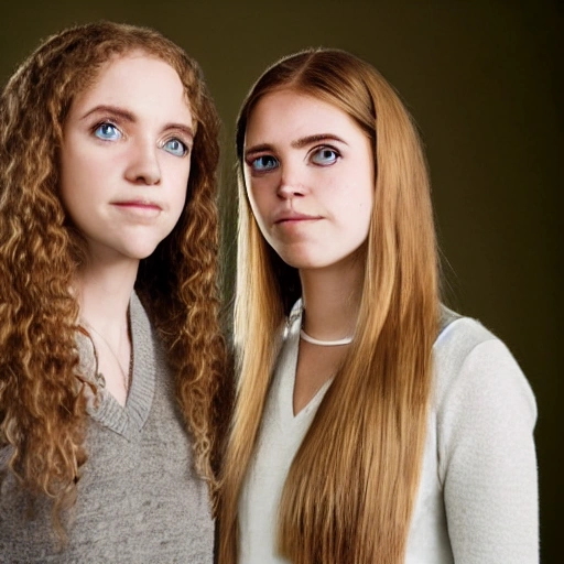 Portrait of Hermione Granger and a young lady with blonde long straight hair, big green eyes and long eyelashes with roman nose, and 