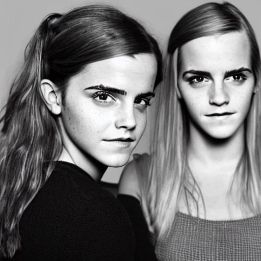 Portrait of Emma Watson and a young lady with blonde long straight hair, big green eyes and long eyelashes with roman nose, and 