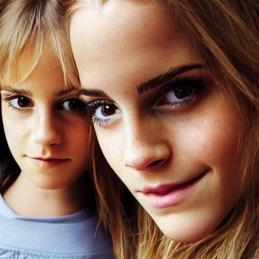 Portrait of Emma Watson with a young Spanish lady with blonde long straight hair, big green eyes and long eyelashes with roman nose