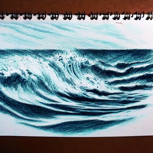pencil sketch of ocean waves with dolphins
