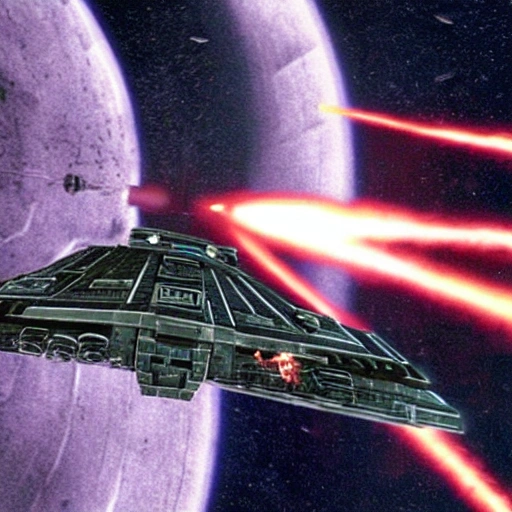 TIE Interceptor from the movie Return of the Jedi, shooting down an enemy ship, the enemy ship has exploded into a flaming ball of complete destruction, highlighted againt the starry expanse of outer space