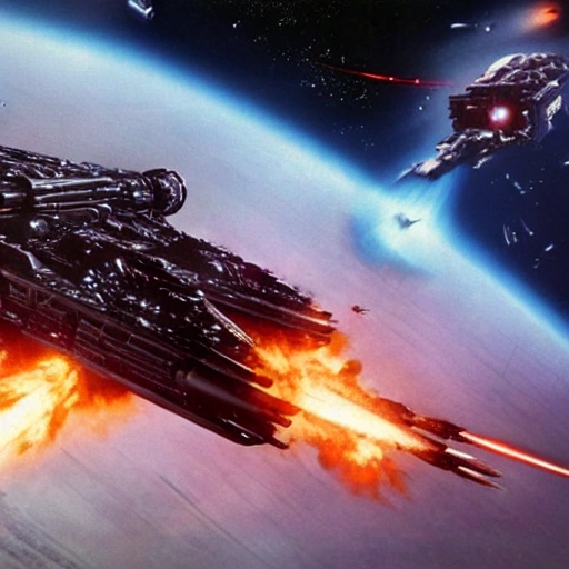 TIE Interceptor from the movie Return of the Jedi, shooting down an enemy ship, the enemy ship has exploded into a flaming ball of complete destruction, highlighted against the starry expanse of outer space