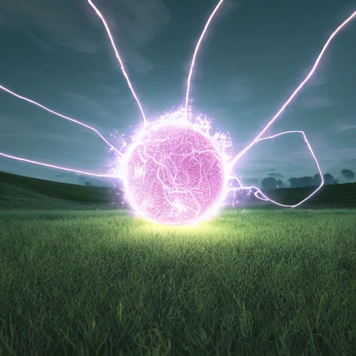 floating sphere made of pulsing electrical discharges and high energy protons and cable veins, hovering, dripping sparks, in a grassy meadow, ominous, cinematic lighting, 8k, octane render