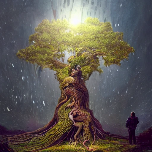 Illustration of a surreal, otherworldly scene featuring a giant, detailed and intricate tree with beautiful lighting and realistic proportions, as if it were a cinematic background, by popular artists Jeremy Geddes and Zara Gonzalez Hoang, 4k, clean, realistic face, realistic eyes, highest quality, realistic hands, trending on artstation, masterpiece, Trippy