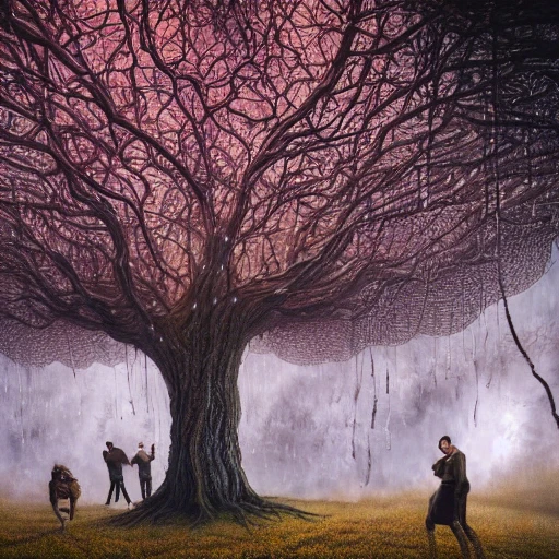 Illustration of a surreal, otherworldly scene featuring a giant, detailed and intricate tree with beautiful lighting and realistic proportions, as if it were a cinematic background, by popular artists Jeremy Geddes and Zara Gonzalez Hoang, 4k, clean, realistic face, realistic eyes, highest quality, realistic hands, trending on artstation, masterpiece, Trippy, Oil Painting