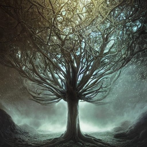 Illustration of a surreal, otherworldly scene featuring a giant, detailed and intricate tree with beautiful lighting and realistic proportions, as if it were a cinematic background, by popular artists Jeremy Geddes and Zara Gonzalez Hoang, 4k, clean, realistic face, realistic eyes, highest quality, realistic hands, trending on artstation, masterpiece, Trippy, Oil Painting, Pencil Sketch