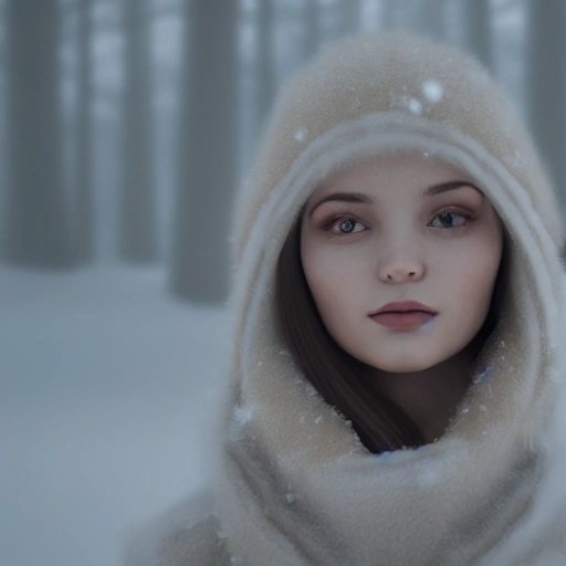 portrait of 1 girl, in the winter season with snow, detailed face, exact proportion, soft cinematic lighting, muted colours, hyperrealistic, 8k, octane render,