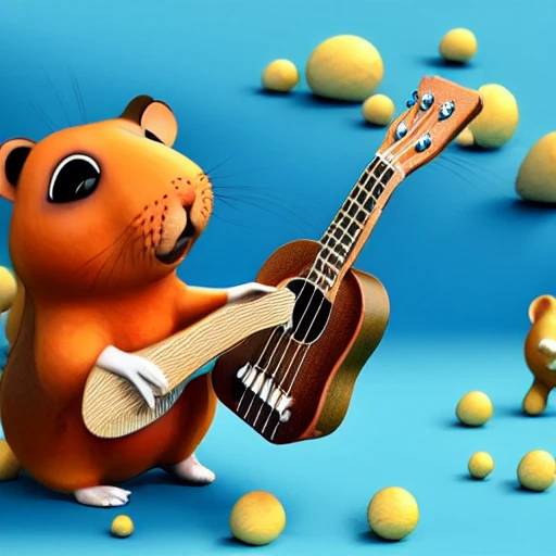 small hamster plays ukulele among aliens, 3D