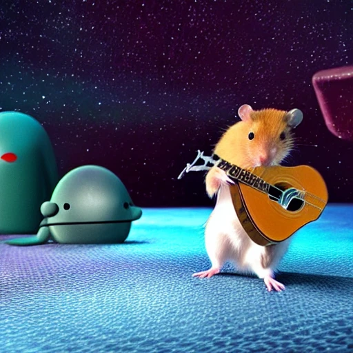 small hamster plays ukulele among aliens, 3D