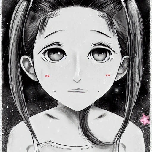 A beautiful medium sized Cyborg Girl, long hair with pigtails, soft look and freckles on her face holding her knees while looking up at the stars (With an artistic Manga style)., Pencil Sketch, 3D, Cartoon, Water Color