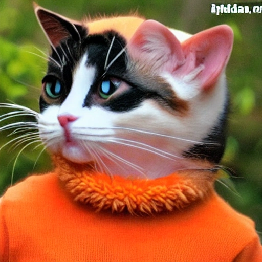 gato holandes naranja bebe pequeño con collar de pony en el rio  con ojos cerrados y lenfgua afuera, 3D