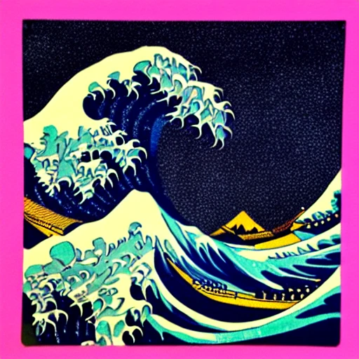 The Great Wave Off Kanagawa inside a triangle made of pink neon lights