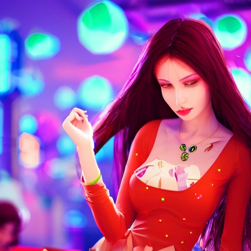 A beautiful adult Eurasian female with long hair center on screen，colourful dressed ，realism，animation，nightclub, cartoon,with realistic style,3D character，Unreal Engine, 