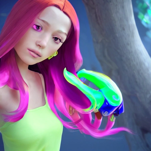 A beautiful adult Eurasian female with long hair ，real body type，colourful dressed ，realism，Splatoon ，Unreal Engine, 