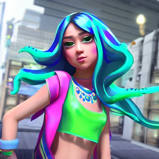 A beautiful adult Eurasian female with long hair ，real body type，colourful dressed ，realism，Splatoon ，Unreal Engine, 