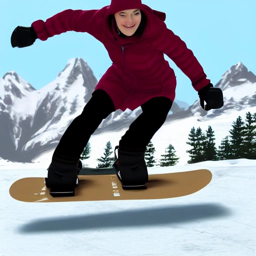 beautiful woman, full body, photorealistic, sliding on a snowboard
